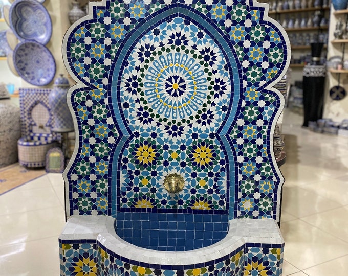 Moroccan Handmade Zellige Fountain , Wall Water Fountain , Moroccan Mosaic Fountain , Garden and Indoor Outdoor Decor.