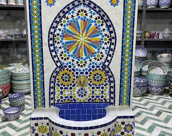 Moroccan Handmade Zellige Fountain , Wall Water Fountain , Moroccan Mosaic Fountain , Garden and Indoor Outdoor Decor.