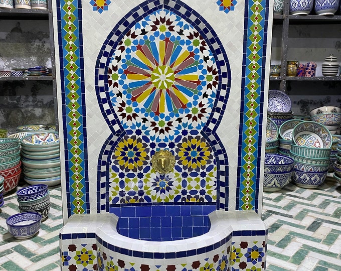 Moroccan Handmade Zellige Fountain , Wall Water Fountain , Moroccan Mosaic Fountain , Garden and Indoor Outdoor Decor.