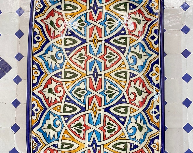 Moroccan ceramics tray. Ceramics cake dish. Flat rectangular.