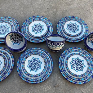 Artisanal Moroccan Hand-Painted Ceramics Dinner Set - Unique Handmade Pottery for Dining - Wood-Fired, Dishwasher Safe, Microwaveable .