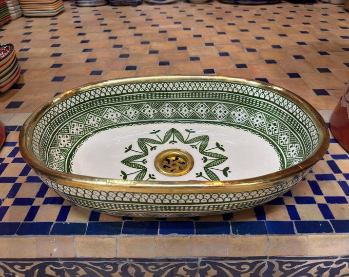 Unic Ceramic Vessel Sink - Hand Painted Green Moroccan Bathroom Basin - Brass Rim Countertop Vanity Sink - Artisan Fes Pottery Washbasin