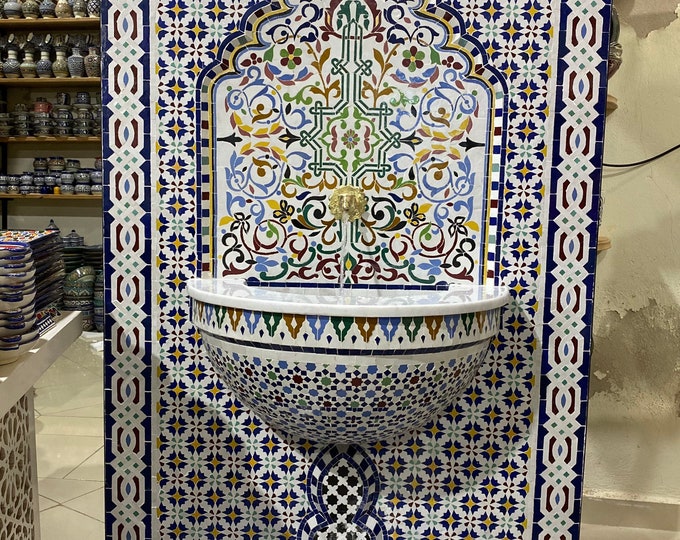 Moroccan Handmade Zellige Fountain , Wall Water Fountain , Moroccan Mosaic Fountain , Garden and Indoor Outdoor Decor.