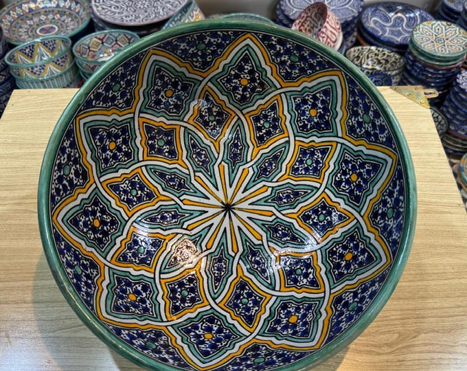 Authentic Handmade Moroccan Ceramic Salad Bowl – Hand-Painted Colorful Gray Clay, Traditional Wood Fired Pottery, Vintage Artisan Craft