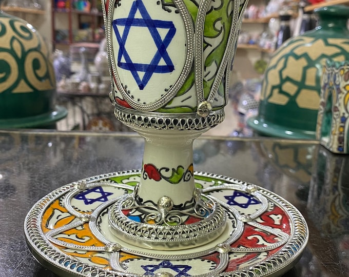 Hand-Painted Ceramic Kiddush Cup: Beautifully Crafted in Fez by Skilled Artisans