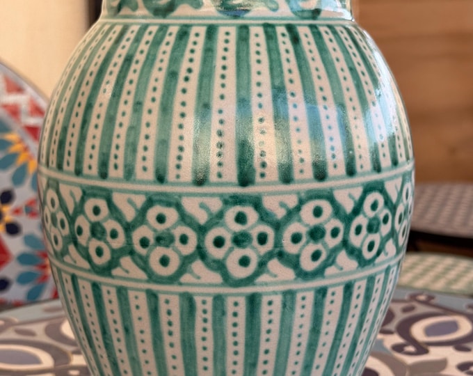 Authentic Handmade Moroccan Green Vase – Hand-Painted Ceramic Pottery – Unique Shape – Wood-Fired Traditional Decor – Boho Home Accent