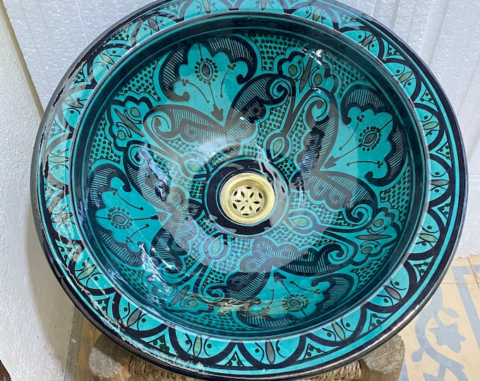 Turquoise sink 40 cm/Handmade and hand painted Moroccan ceramic sink/washbasin. Moroccan washbasin handmade.
