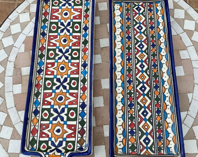Set of 2 Moroccan ceramic cake dish, handmade and hand painted. Set of 2 Moroccan ceramics tray/ rectangular tray
