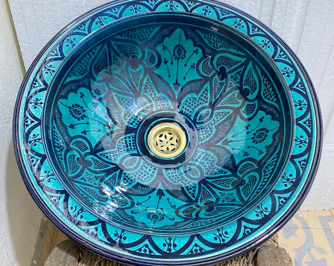 Turquoise sink 40 cm/Handmade and hand painted Moroccan ceramic sink/washbasin. Moroccan washbasin handmade.