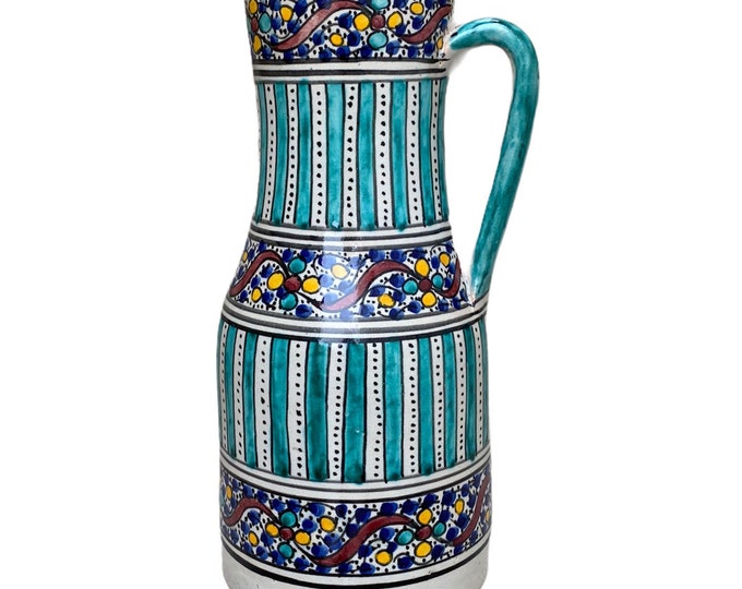 Handmade and hand-painted Moroccan pottery pitcher, Fes ceramic pitcher, handmade ceramic pitcher