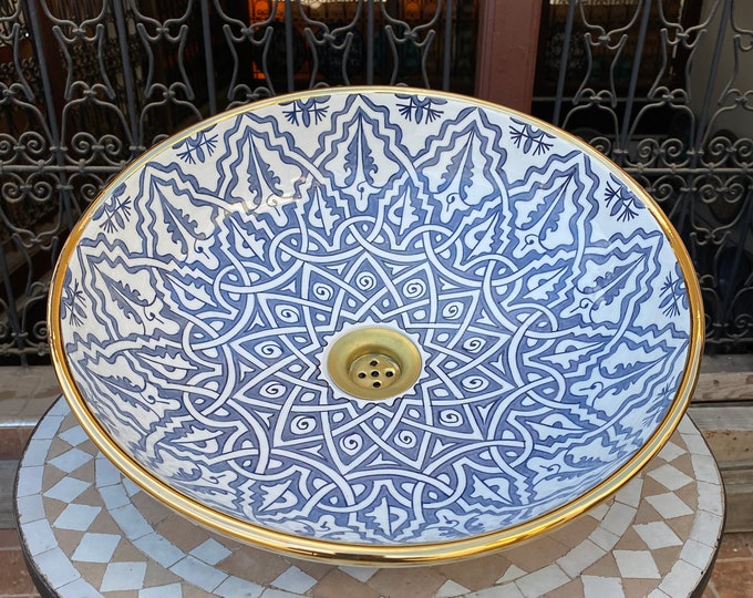 Moroccan ceramic sink/washbasin from Fes, handmade and hand painted, with real gold edge.