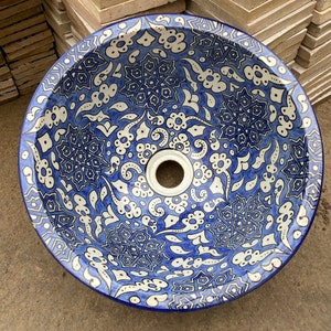 Elegant Blue and White Moroccan Ceramic Wash Basin - Hand-Painted on Both Sides by Skilled Artisans