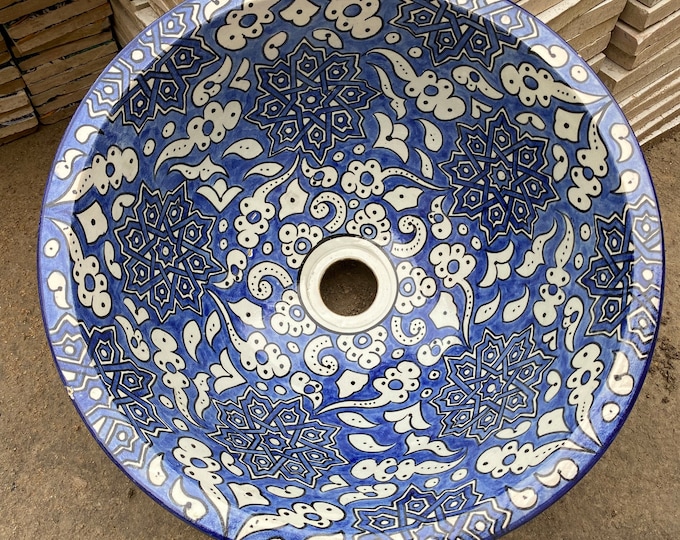 Elegant Blue and White Moroccan Ceramic Wash Basin - Hand-Painted on Both Sides by Skilled Artisans