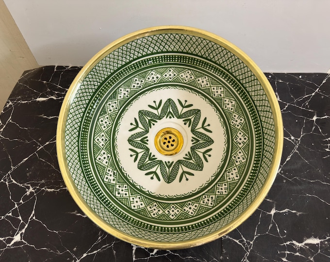 Authentic Moroccan Ceramic Sink with Brass Rim - Hand-Painted Green Fez Pottery Vessel Basin - Traditional Artisanal