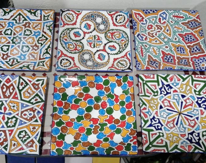 Set of 6 square ceramic plates handmade, and hand painted / 6 square Moroccan ceramic plates / 6 square dinner plat.