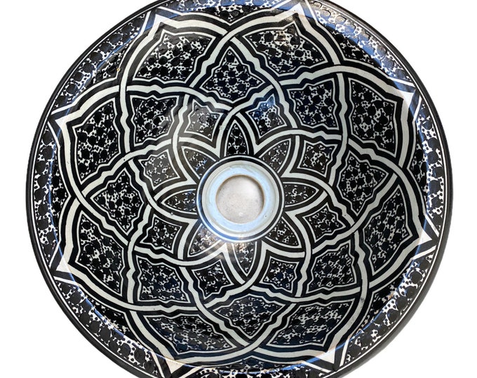 Handmade and hand painted Moroccan ceramic sink/washbasin. Moroccan washbasin handmade.Black and white sink, ceramics sink