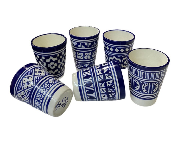Handmade and hand painted Moroccan ceramic tea glasses, set of 6 glasses. 6 same color glasses, different patterns.