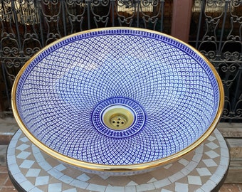 Marokkanisches Keramikwaschbecken/Waschbecken aus Fes, handgefertigt und handbemalt, mit echtem Goldrand.