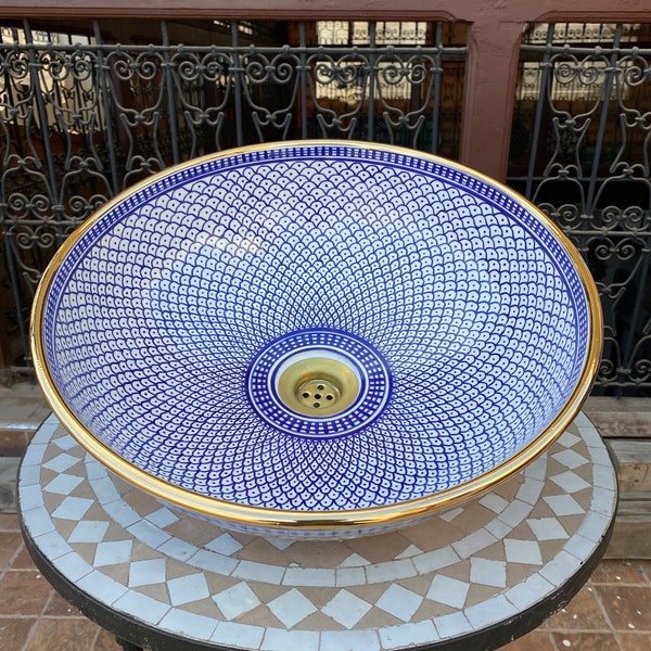 Moroccan ceramic sink/washbasin from Fes, handmade and hand painted, with real gold edge.