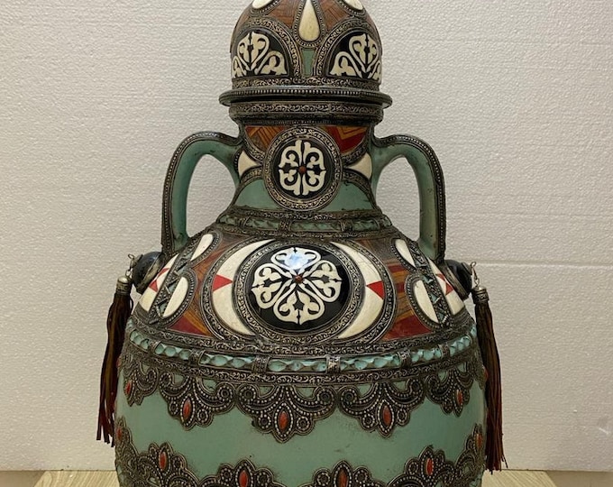 Exquisite Moroccan Pot: Vintage Charm with Nickel, Camel Bone, and Leather Artistry