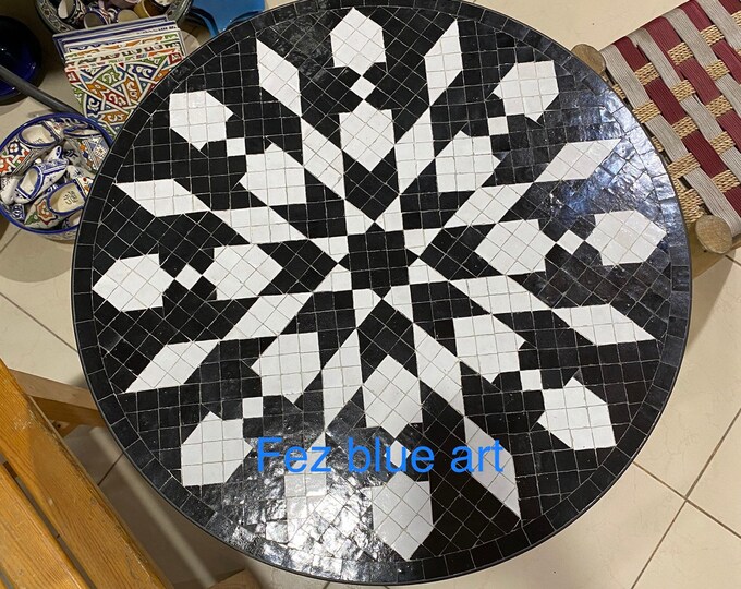 Round dining table/ handmade Moroccan mosaic table/ black and white dining table.