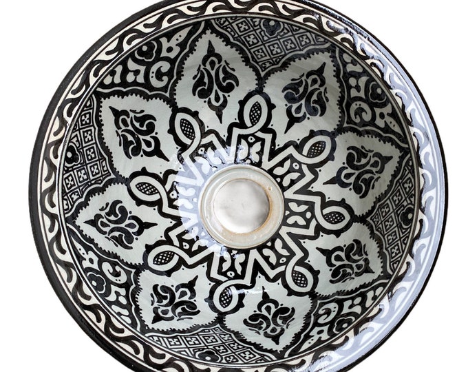 Handmade and hand painted Moroccan ceramic sink/washbasin. Moroccan washbasin handmade/ceramics black and white ceramics sink.