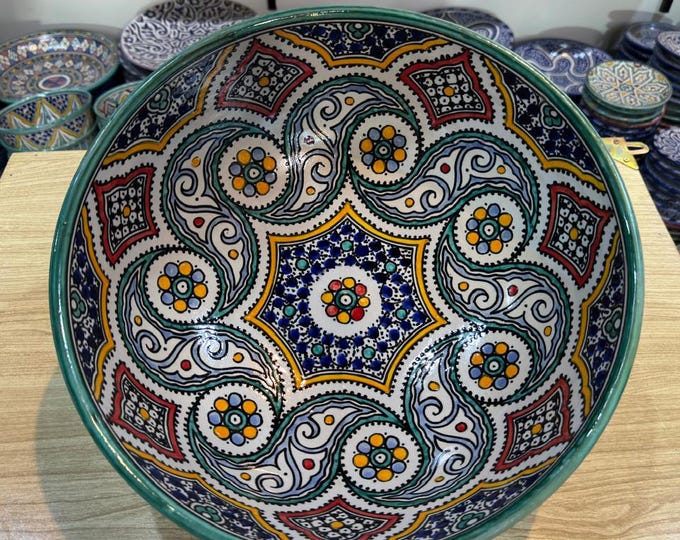 Authentic Handmade Moroccan Ceramic Salad Bowl – Hand-Painted Colorful Gray Clay, Traditional Wood Fired Pottery, Vintage Artisan Craft