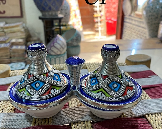 Handmade Moroccan ceramic and nickel salt shaker. Handmade Moroccan ceramic and nickel salt shaker. Salt shaker, salt saker, two small tagine.