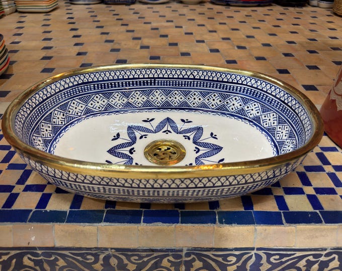 Handmade Moroccan Ceramic Vessel Sink -Oval Blue & White Brass Trim Bathroom Basin - Artisanal Fes Pottery Vanity Washbasin Boho Home Decor