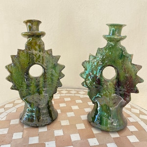 Candlestick/ green ceramics candlestick/ rustic and handmade candlestick/ set of 2 candlestick/ candle holder.