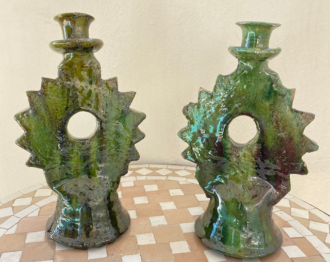 Candlestick/ green ceramics candlestick/ rustic and handmade candlestick/ set of 2 candlestick/ candle holder.