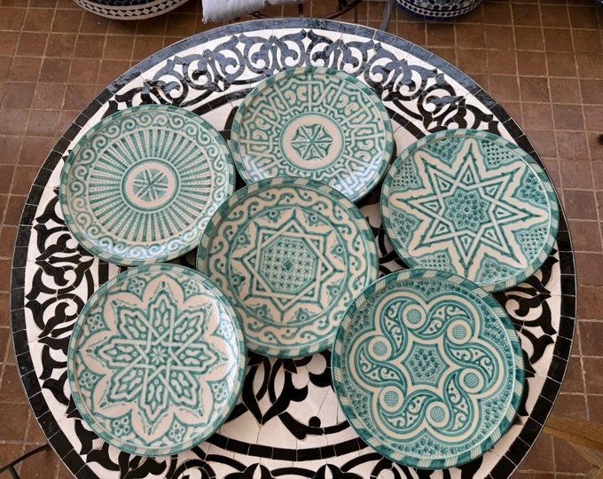 Set of 6 Rustic Handmade Moroccan Dinner Plates: Artisan Hand-Painted, Wood Oven Fired - Unique Décor for Your Table
