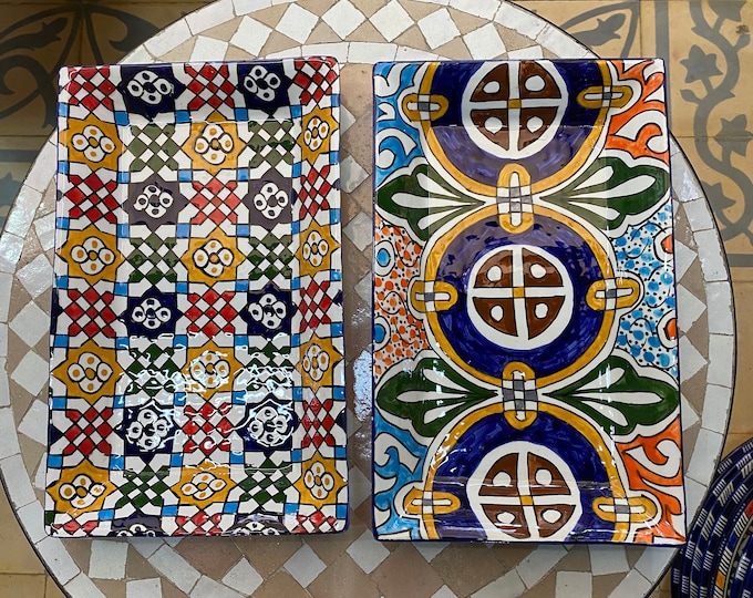 Set of 2 Moroccan ceramic cake dishes, handmade and hand painted. Set of 2 Moroccan ceramics tray/ rectangular tray