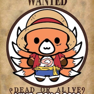 May include: An enamel pin featuring a cartoon fox with nine tails, wearing a straw hat and red jacket. The pin has the text "NINETAILS ORIGINAL ENAMEL PIN WANTED" and "DEAD OR ALIVE NINE-TAILS.COM".