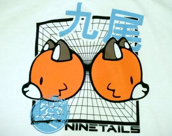 Nine Tails Dual Kitsune Mascot White T-shirt | Original Nine Tailed Fox Cotton Tshirt by Nine Tails LLC