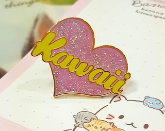 Kawaii at Heart Glittery Hard Enamel Pin | Fairy Kei Inspired Kawaii Glitter Hard Enamel Pin by Nine Tails LLC