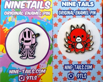 Kitsune and Ikka Splat!  Nine Tail Fox and Giant Squid Hard Enamel Pin | Japanese Mythology Inspired Kawaii Fox by Nine Tails LLC