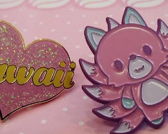 Kawaii Combo Nine Tail Pastel Fox & Heart Hard Enamel Pins | Japanese Mythology Inspired Kawaii Fox Hard Enamel Pin by Nine Tails
