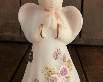 Fenton White Satin Glass Angel with Lavender Roses and Rosebuds  Handpainted, Signed, Numbered.