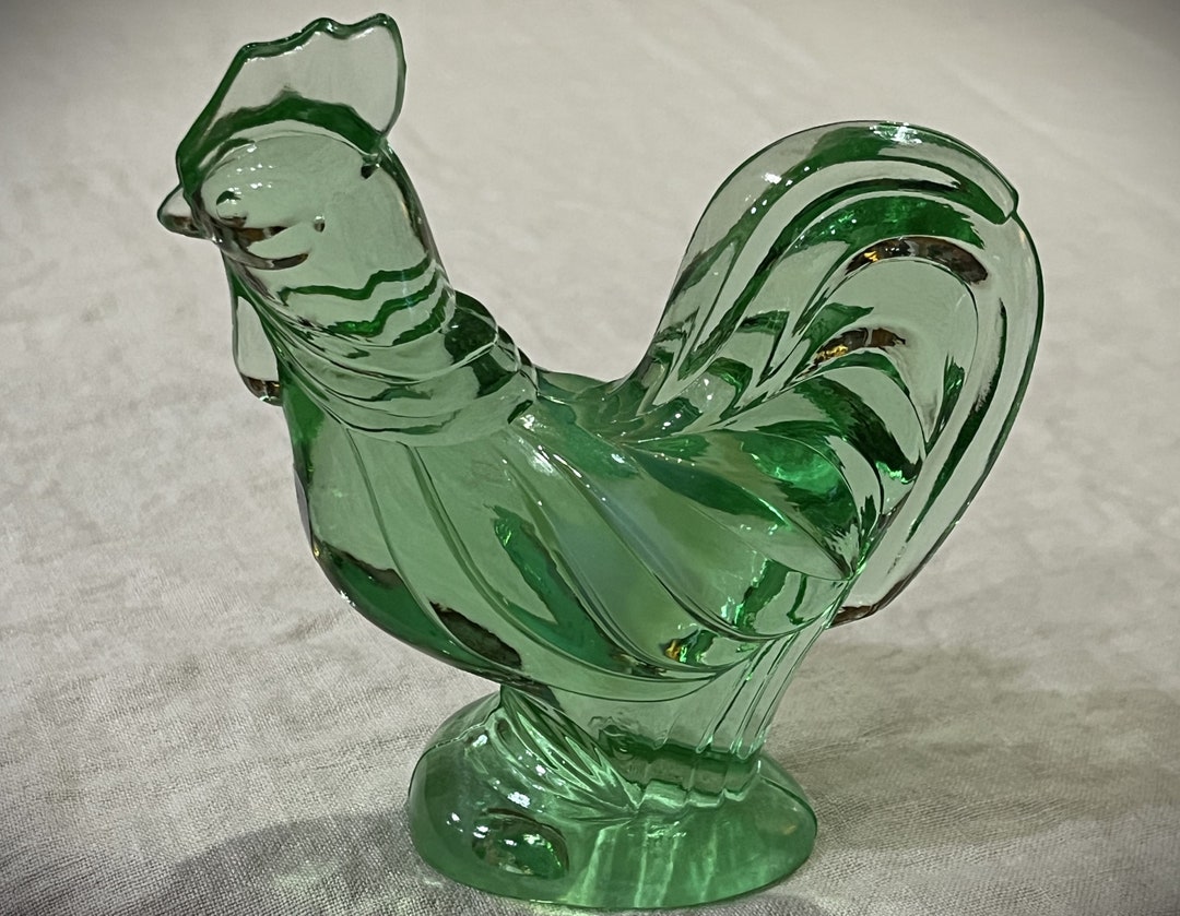 Fenton Green Glass Rooster With Opalescent Wing Etsy