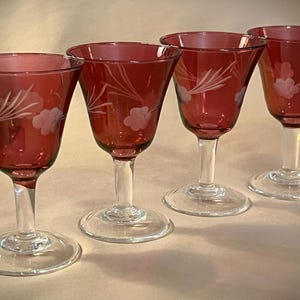 Set 4 Vintage Etched Ruby Glass Aperitif Glasses.