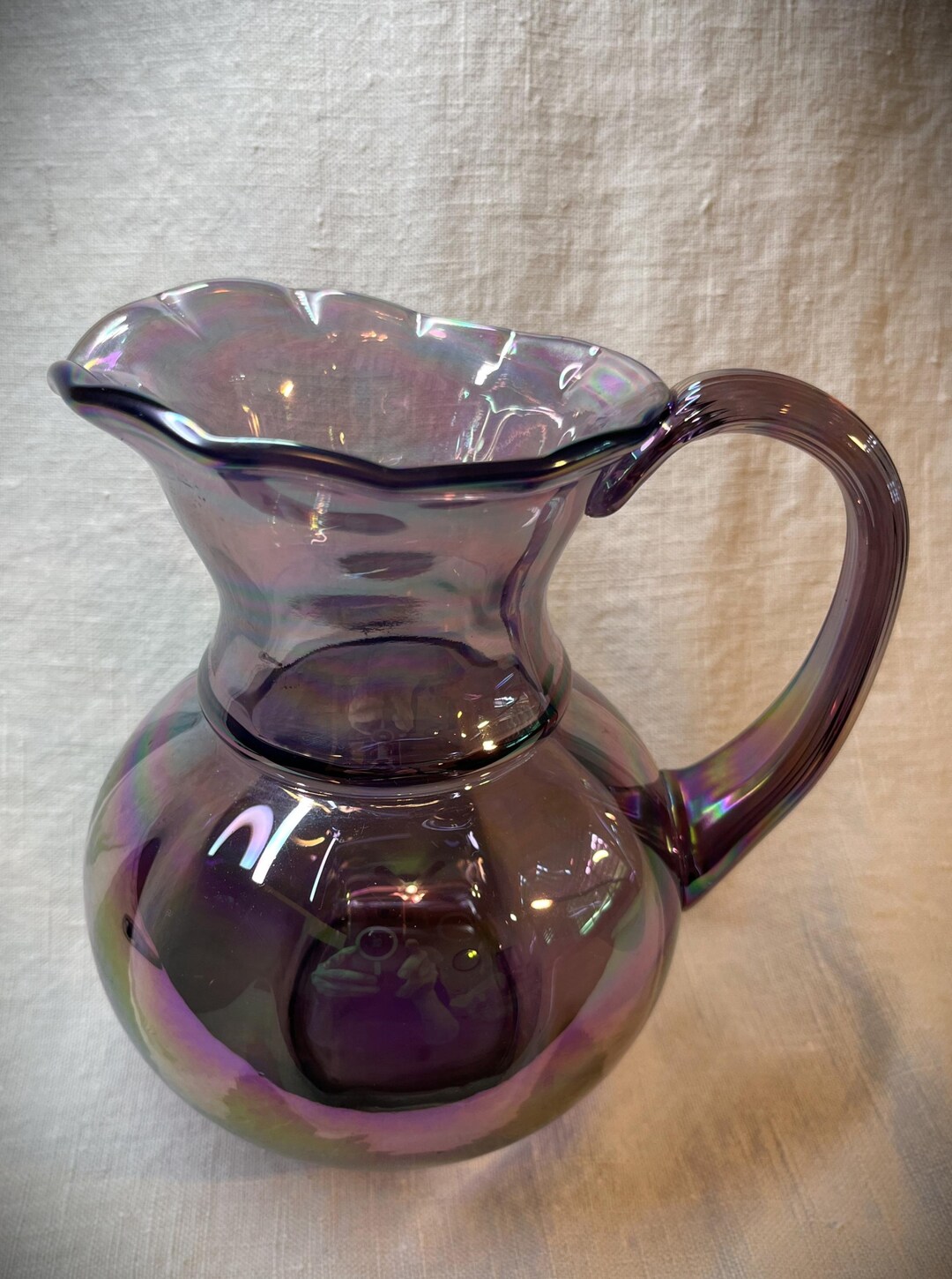 Fenton Iridescent Amethyst Pitcher Applied Ridged Handle. - Etsy