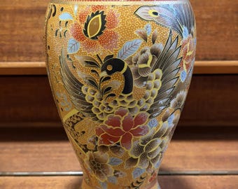 Vintage Chinese Satsuma Style Ceramic Vase Bird Floral.