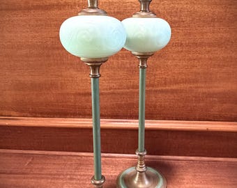 Paar messing lampen jadeiet uranium balcentra Jefferson Glass.