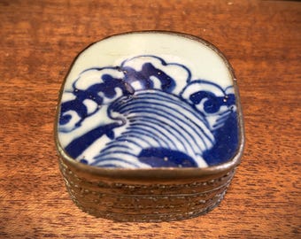 Chinese Trinket Box with Antique Porcelain Trinket Blue Crested Wave.