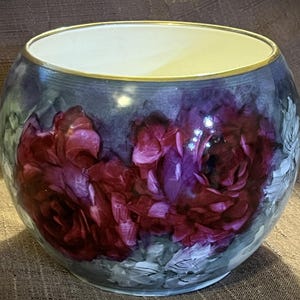 Flower Pot Jardiniere Burgundy Floral Transfer Made USA Etched/Signed JT.