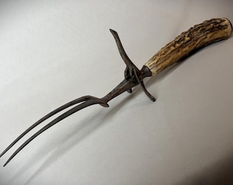 Antique Meat Carving Fork Natural Stag Antler Handle.