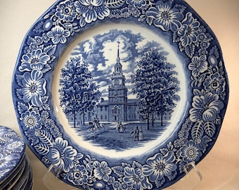 Liberty Blue Ironstone 10 Dinner Plates Independence Hall Staffordshire England.
