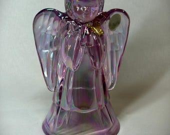 Vintage Fenton Art Glass Pink Iridescent Praying Angel Figurine Gold Butterfly Accent.