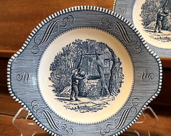 Currier Ives Blue Double Handled Plates.
